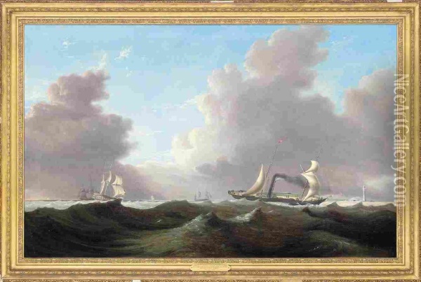 He Dublin Paddlesteamer 
Shannon 
 In A Heavy Swell Off The Tuskar Lighthouse Oil Painting - John Lynn