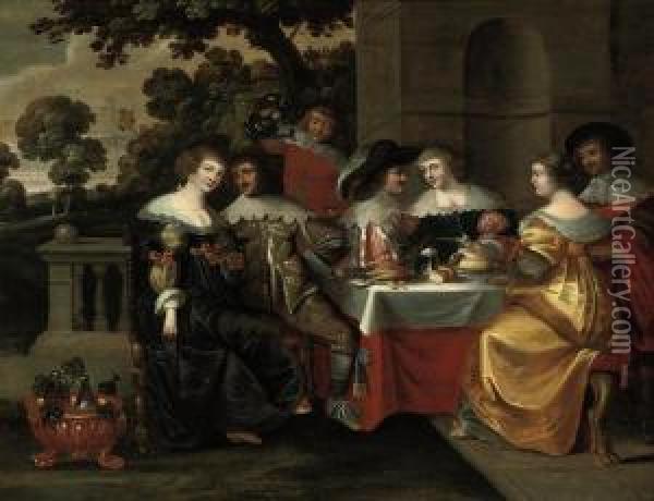 Elegant Company Courting In A Classical Courtyard Oil Painting - Christoffel Jacobsz van der Lamen