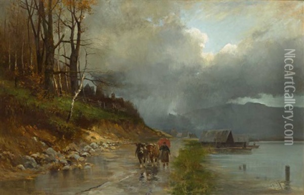Bauerin Mit Zwei Ochsen Auf Dem Weg Am Ufer Eines Sees Oil Painting - Heinrich Richard Reder