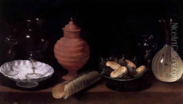 Still-Life of Glass, Pottery, and Sweets Oil Painting - Juan Van Der Hamen
