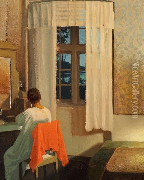 An Interior With A Woman Oil Painting - Harald Slott-Moller