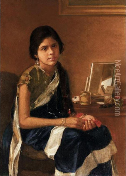 Lady In Her Dressing Room Oil Painting - Hemendranath Mazumdar