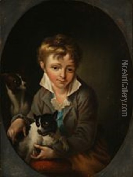 Boy Holding A Dog (after C. A. Lorentzen) Oil Painting - Hans Hansen