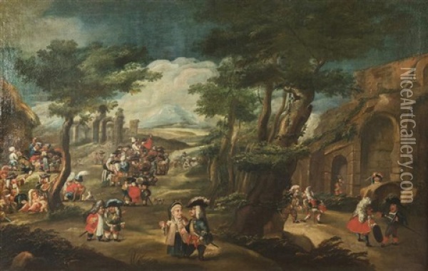 Feast Of Dwarves In A Landscape Oil Painting - Enrico Albrici
