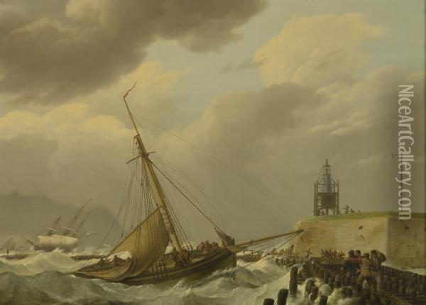 Ship In Stormy Seas Oil Painting - Johannes Hermanus Koekkoek