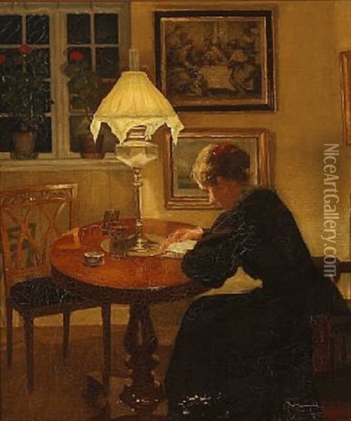 Interior With A Reading Woman Oil Painting - Niels Holsoe