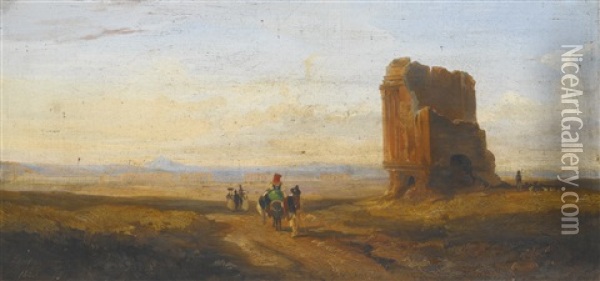 A View Of The Roman Campagna With Travellers Passing A Ruined Brick Tomb, An Aqueduct In The Distance Oil Painting - Edward Lear