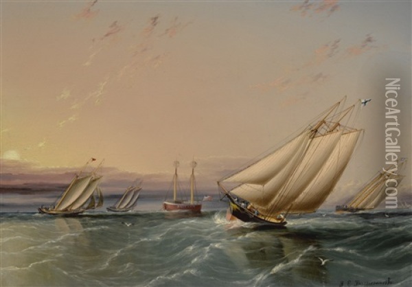 Yacht Race In N.y. Bay (yachts Rounding The Sandy Hook Lighthouse) Oil Painting - James Edward Buttersworth