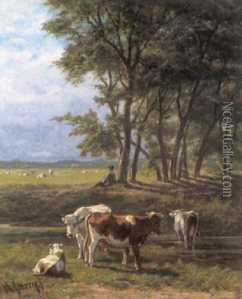 Koeien In Een Zomerlandschap Oil Painting - Hendrik Savry