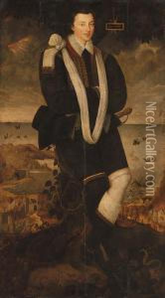 Portrait Of A Gentleman, 
Full-length, Leaning Against A Tree Trunkin An Embroidered Doublet With A
 White Sash, With Serpents Andtoads At His Feet, And Houses On Fire By 
The Coast In Thebackground, With Warships In Distress Beyond Oil Painting - Marcus Ii Gerards