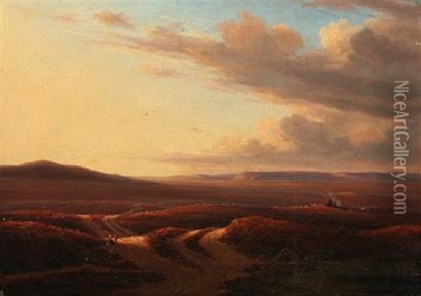 Sunset Over A Heather Landscape Oil Painting - Frederik Christian Jacobsen Kiaerskou