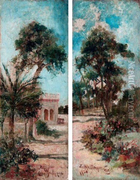 Pabellon En Un Jardin Y Camino Con Arboles Y Macetas (pair) Oil Painting - Jose Montenegro Cappell