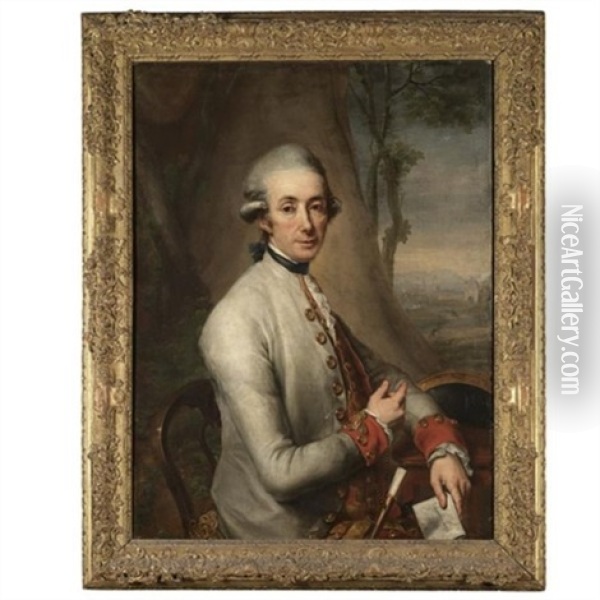Portrait Of A Gentleman Wearing Uniform, Half Length, Seated Before A Landscape, And Holding A Piece Of Paper Oil Painting - Anton von Maron