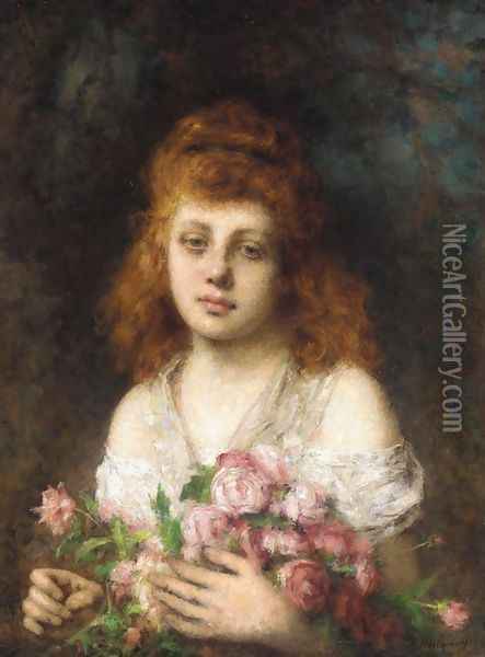 Auburn Haired Beauty With Bouqet Of Roses Oil Painting - Alexei Alexeivich Harlamoff