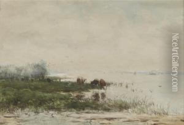 River Landscape With Cattle Oil Painting - Jan Martinus Vrolijk