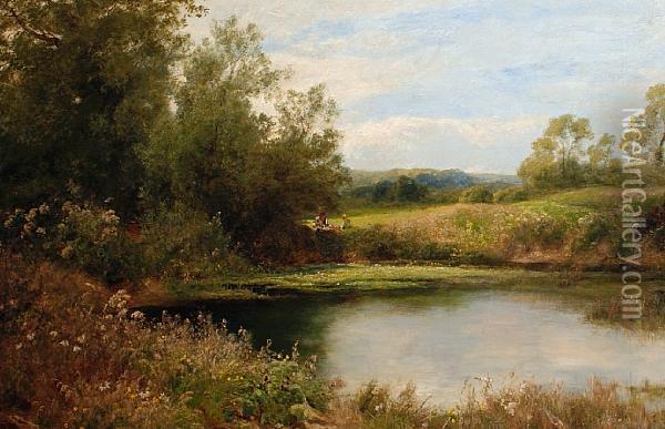 Figures Beside A Woodland Pond Oil Painting - John Clayton Adams