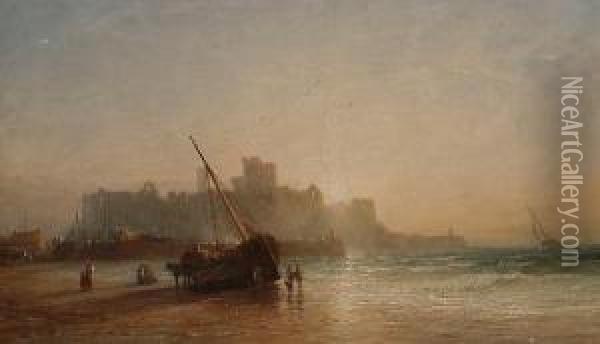 Fisherfolk On The Shore At Lowtide, A Ruined Castle Beyond. Oil Painting - Francis Danby
