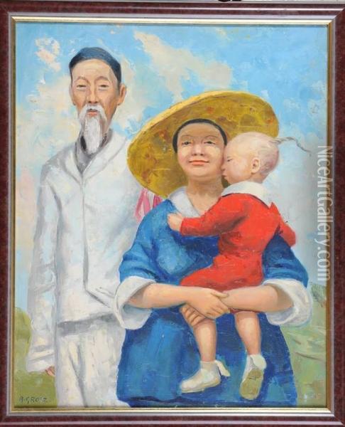 < Couple De Vietnamiens Avec Leurenfant >. Oil Painting - Antal Grosz