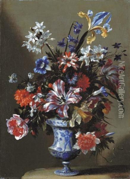 Lilies, Peonies, Narcissi, 
Morning Glory And Other Flowers In A Blue And White Vase On A Stone 
Ledge Oil Painting - Mario Nuzzi Mario Dei Fiori