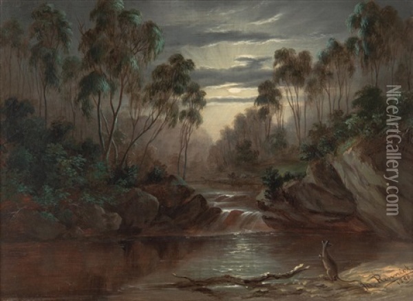 Kangaroo In A Moonlit Australian Landscape Oil Painting - Marion Rennick
