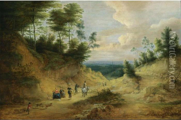 A Wooded Dune Landscape With 
Travellers And Dogs Resting Near A Path Together With A Horseman, And A 
Shepherd With His Flock, With A View Of A Village Beyond Oil Painting - Lucas Van Uden