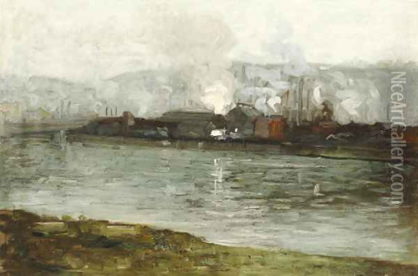 Factory at the River Oil Painting - Aaron Harry Gorson