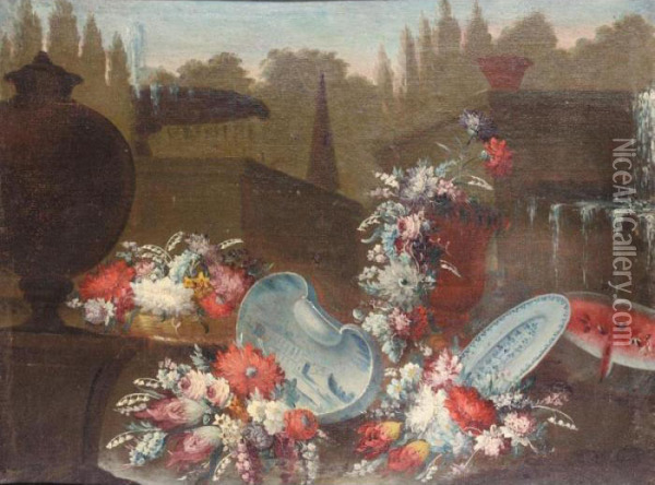 Still Life With Bouquets Of 
Various Flowers Together With Procelain Bowls And A Water Melon Beside A
 Fountain In A Parkland Setting Oil Painting - Giuseppe Lavagna