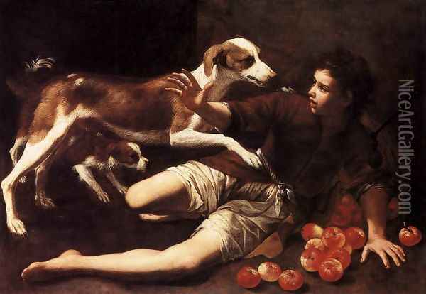 Boy Attacked by a Dog c. 1680 Oil Painting - Pedro Nunez De Villavicencio