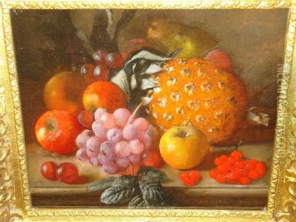 Still-life Of A Pinapple, Apples And Grapes Ona Ledge Oil Painting - George Walter Harris