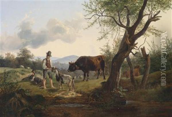A Goatherd Giving Something To A Goat Oil Painting - Friedrich Gauermann