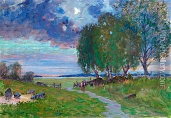 Woman In The Meadows, Evening Oil Painting - Anton Genberg