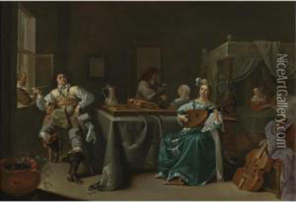 A Merry Company In An Interior Oil Painting - Jacob Duck