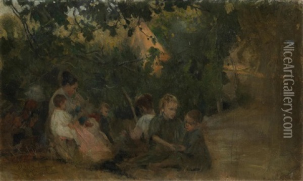 Children Playing Oil Painting - Cesare Ciani