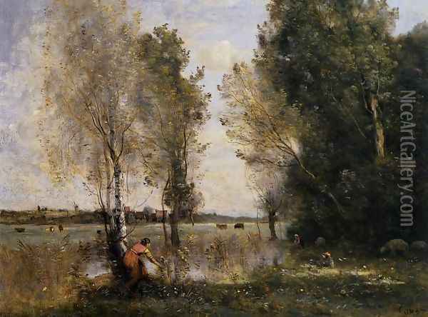 Woman Picking Flowers in a Pasture Oil Painting - Jean-Baptiste-Camille Corot