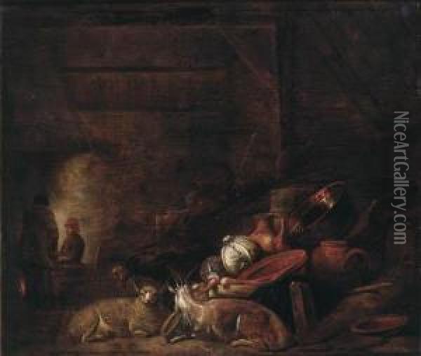 Cabbages, A Copper Bucket, An 
Earthenware Strainer And Otherutensils, With A Goat And A Sheep In A 
Barn, Peasants By A Firebeyond Oil Painting - Frans, Francois Ryckhals