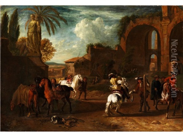 Reitschule Vor Einer Italienischen Stadt Mit Altem Gemauer Oil Painting - Pieter van Bloemen