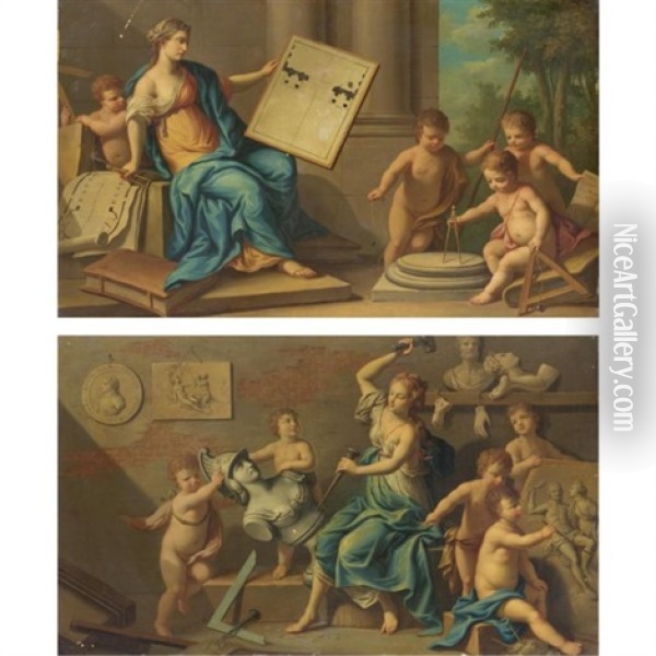 Allegoria Dell'architettura (+ Allegoria Della Scultura; Pair) Oil Painting - Laurent de (LaHyre) LaHire