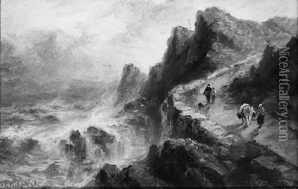 On The Causeway At Sark With A Storm Brewing Oil Painting - S.L. Kilpack