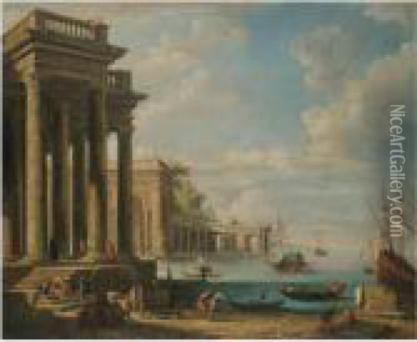 A Capriccio Of A Mediterranean Harbour Scene Oil Painting - Giovanni Niccolo Servandoni