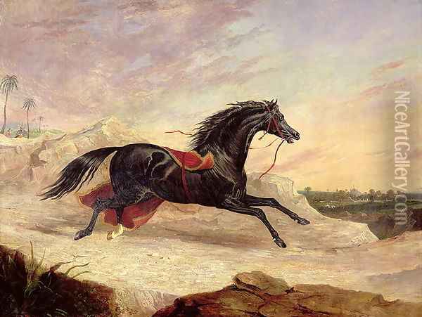 Arabs chasing a loose arab horse in an eastern landscape Oil Painting - John Frederick Herring Snr