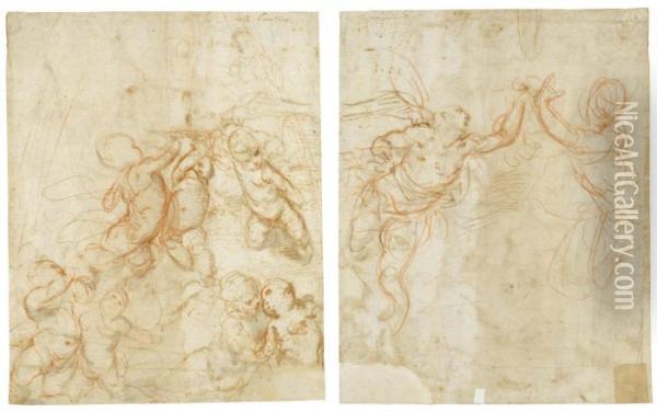 Recto: Design For A Spandrel With Several Putti Oil Painting - Daniele Crespi