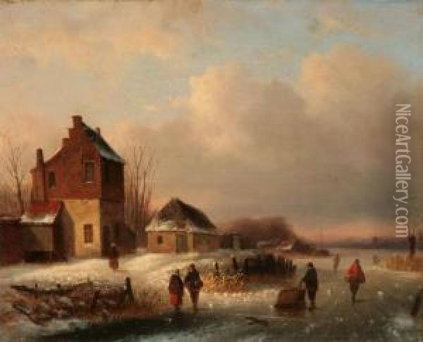 Villagers On A Frozen River Oil Painting - Louis Smets