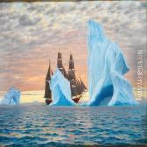 Sailing Ship Amidst Icebergs At Sunset Oil Painting - J.E. Carl Rasmussen