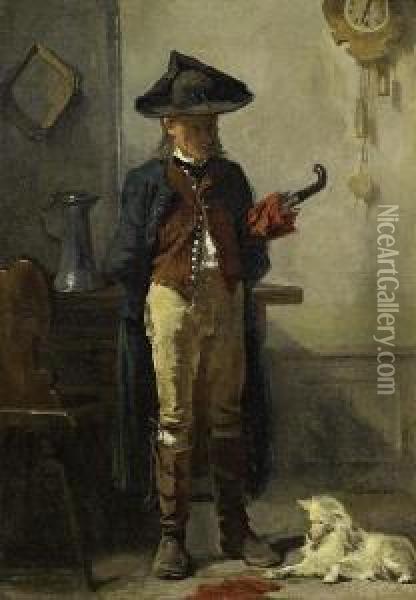 Interior, Soldier With A White Tricorn Oil Painting - Benjamin I Vautier