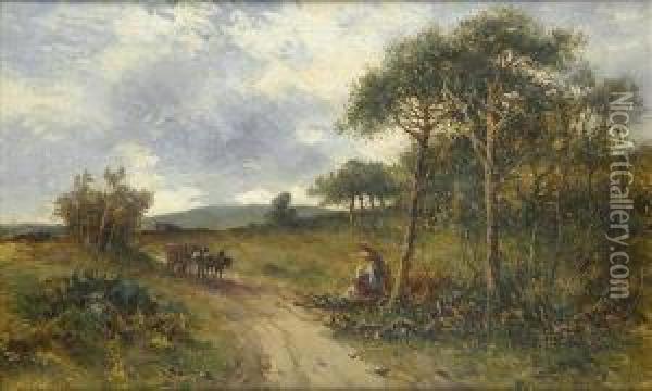 Homeward Bound,faggot Gatherers And Horse-drawn Cart In A Wooded Eveninglandscape Oil Painting - Carl Brennir