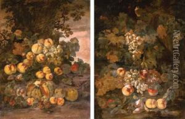 A Melon, Peaches, Plums, Quinces And Grapes By A Tree Oil Painting - Giovanni Paolo Castelli Spadino