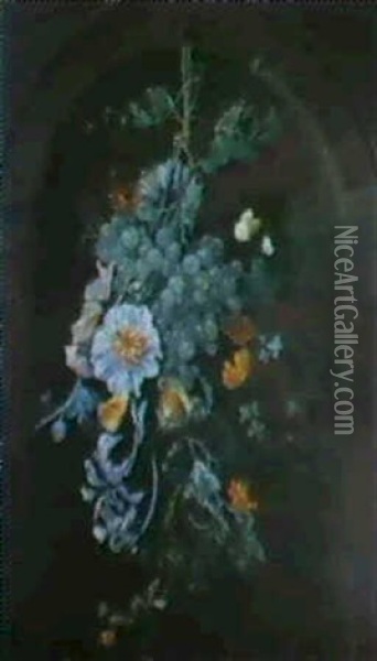 A Still Life Of A Mallow, Rosebuds, A Horsechestnut,        Marigolds, Blackberies, Grapes And Two Butterflies... Oil Painting - Rachel Ruysch