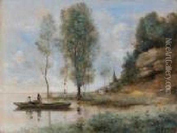 Bateau Sur Un Etang Avec Village A L'horizon Oil Painting - Jean-Baptiste-Camille Corot