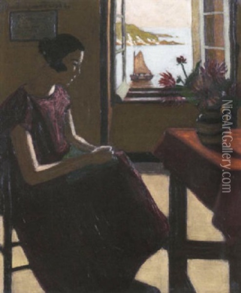 Femme Ravaudant Oil Painting - Marius Borgeaud
