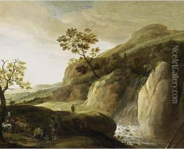 A Rocky River Landscape With Shepherds And Their Cattle Near A Waterfall Oil Painting - Jan Looten
